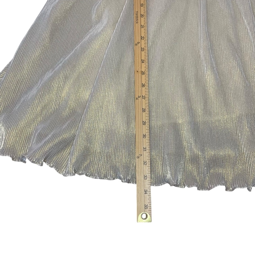 Mable Gold Plunge Neck Flowy Pleated Cocktail Dress Balloon Long Sleeve Mini L - Picture 7 of 13